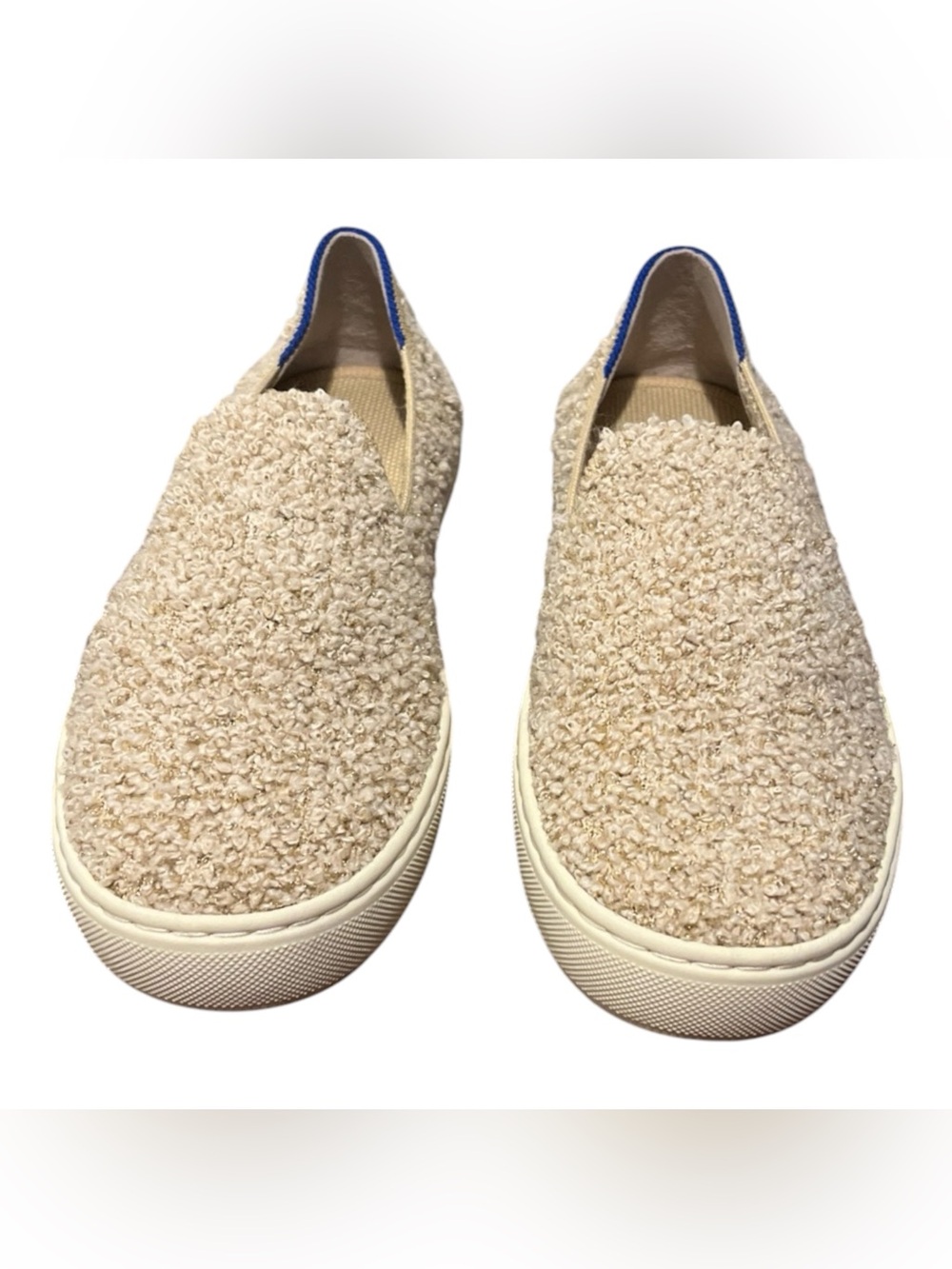 Rothy's Beige Bouclé Slip-On Sneakers with Blue Heel Trim Sz 6